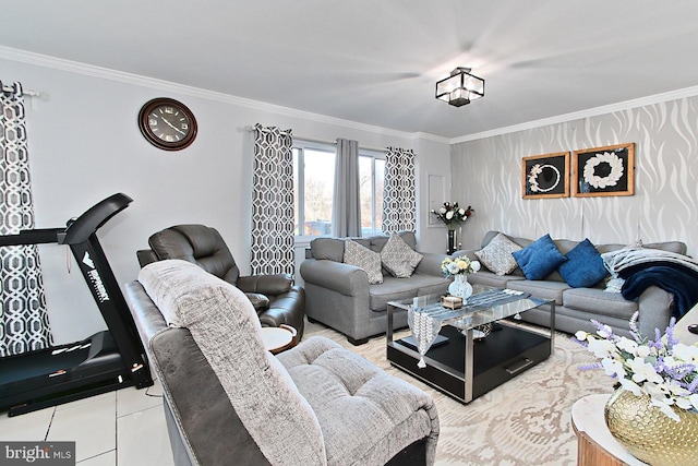 living room with ornamental molding and tile patterned floors