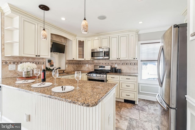 kitchen featuring pendant lighting, open shelves, appliances with stainless steel finishes, light stone countertops, and a peninsula