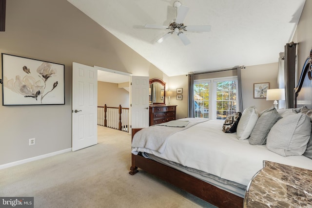 bedroom with baseboards, ceiling fan, high vaulted ceiling, and light colored carpet