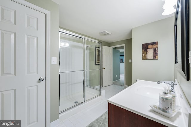 full bath with visible vents, a stall shower, and vanity