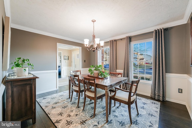 dining area with a wainscoted wall, a textured ceiling, hardwood / wood-style flooring, and crown molding