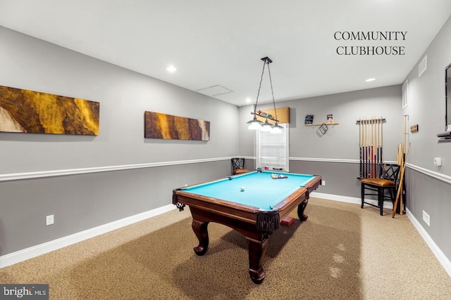 rec room featuring baseboards, visible vents, pool table, carpet, and recessed lighting