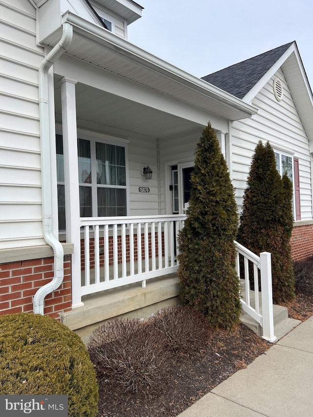 view of exterior entry with covered porch and roof with shingles