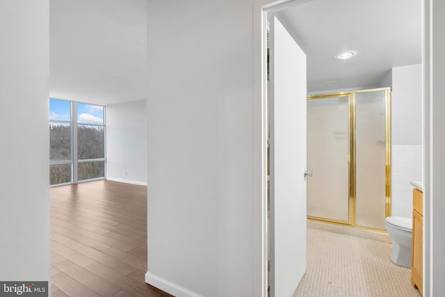 hall featuring light wood-style flooring, expansive windows, and baseboards