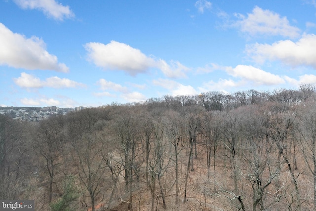 exterior space featuring a wooded view