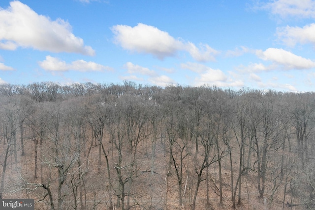 exterior space featuring a wooded view