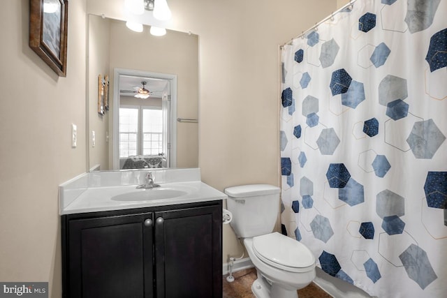 bathroom with toilet, a shower with shower curtain, connected bathroom, and vanity