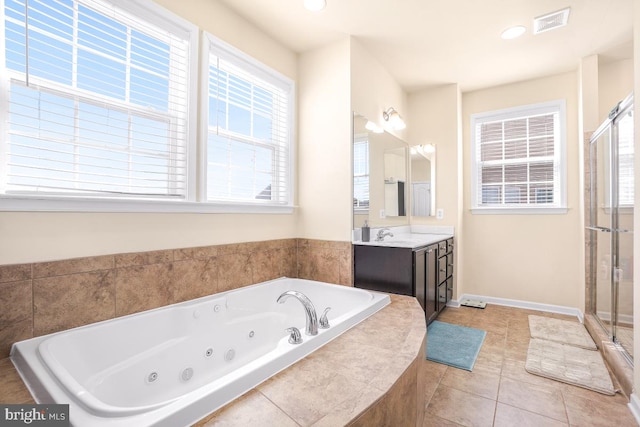 full bathroom featuring vanity, visible vents, a jetted tub, tile patterned floors, and a stall shower