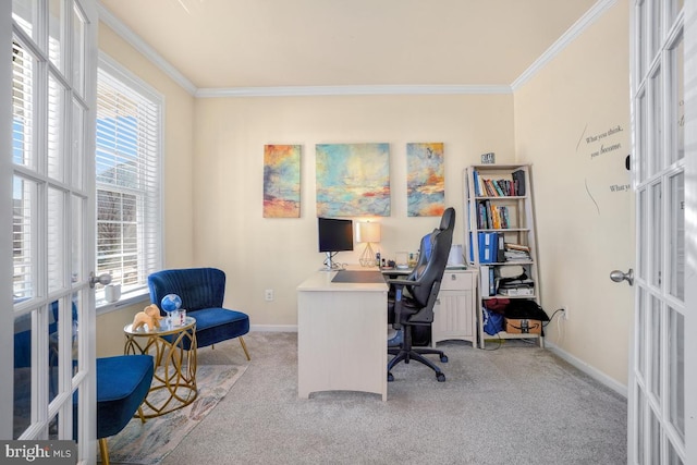 office featuring baseboards, ornamental molding, light colored carpet, and french doors