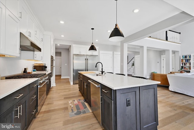 kitchen with premium appliances, a sink, white cabinets, under cabinet range hood, and light wood-type flooring