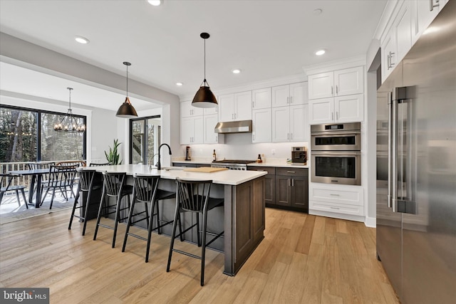 kitchen with under cabinet range hood, white cabinetry, light wood-style floors, appliances with stainless steel finishes, and light countertops