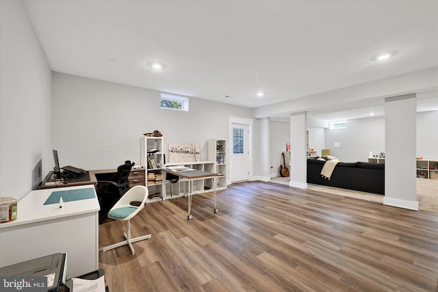 office area with recessed lighting, baseboards, and wood finished floors