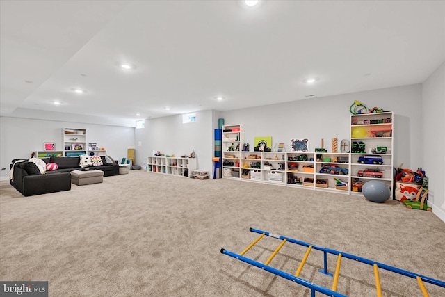 playroom with recessed lighting and carpet floors