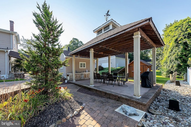 view of patio / terrace featuring a storage unit, grilling area, and an outbuilding