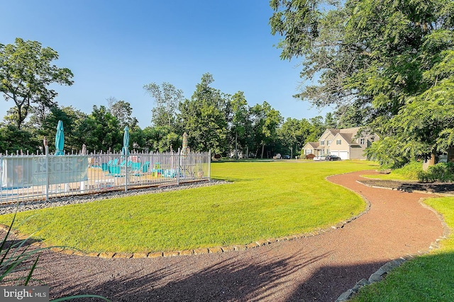 view of community featuring a swimming pool, fence, and a lawn