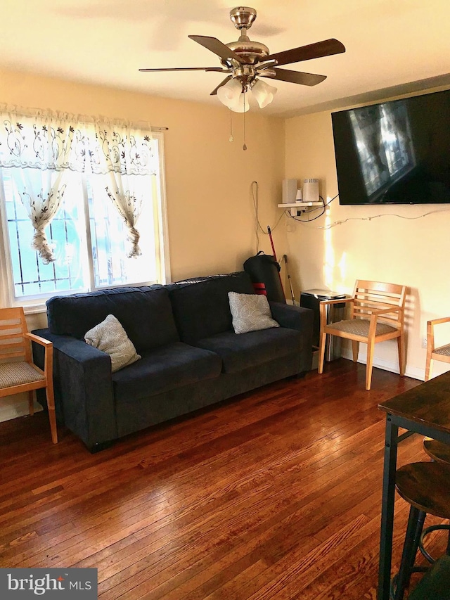 living area with ceiling fan, dark wood finished floors, and a wealth of natural light