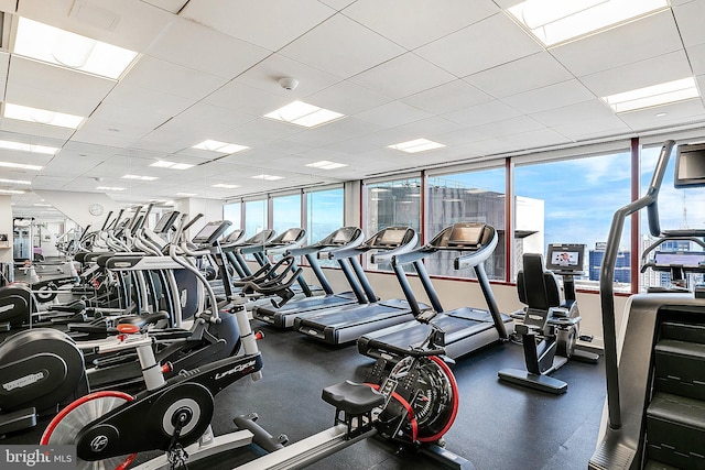 gym with plenty of natural light and a paneled ceiling