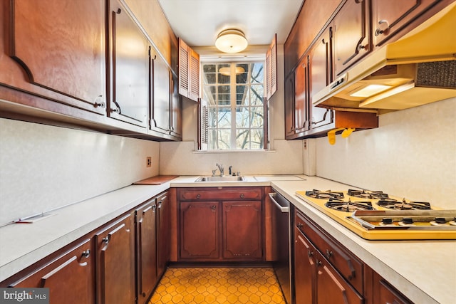 kitchen with white gas cooktop, light countertops, a sink, and under cabinet range hood