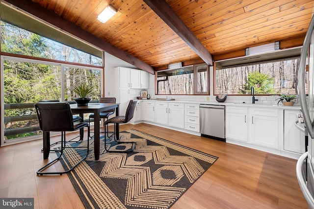 kitchen featuring light wood-style flooring, a sink, tasteful backsplash, stainless steel dishwasher, and light countertops