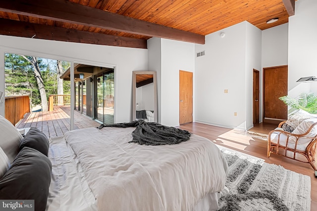 bedroom with visible vents, beamed ceiling, wooden ceiling, wood finished floors, and access to outside