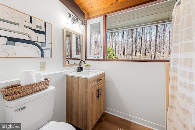 bathroom featuring toilet, vanity, baseboards, and wood finished floors