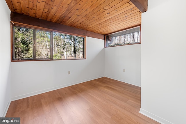 spare room with a wealth of natural light, wood ceiling, baseboards, and wood finished floors