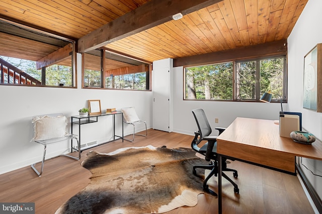 office space featuring wooden ceiling, beamed ceiling, wood finished floors, and baseboards