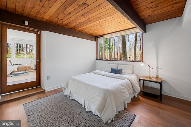 bedroom with wood ceiling, multiple windows, beam ceiling, and wood finished floors