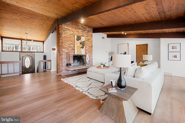 living room with a fireplace, wood ceiling, lofted ceiling with beams, and wood finished floors