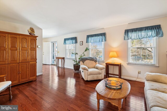 living area featuring dark wood-style floors, baseboards, and a healthy amount of sunlight