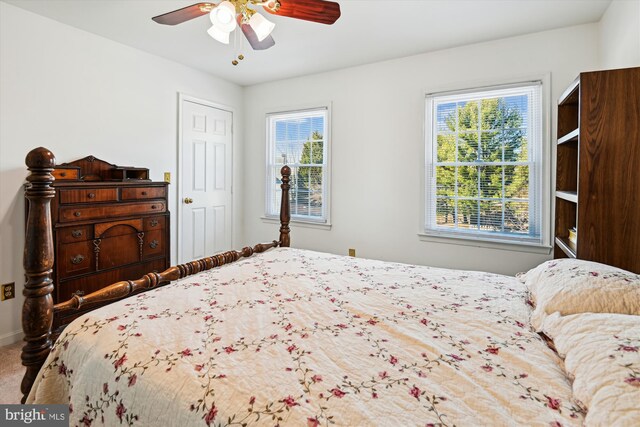 carpeted bedroom featuring multiple windows and a ceiling fan