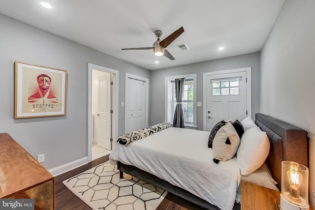 bedroom featuring recessed lighting, visible vents, dark wood-type flooring, ceiling fan, and baseboards