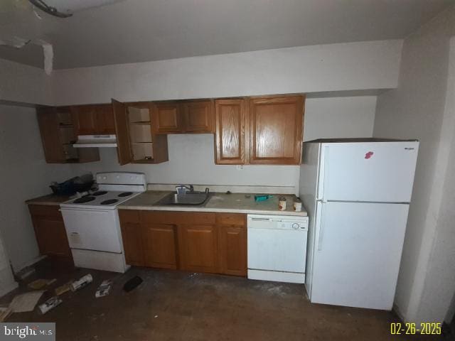 kitchen with under cabinet range hood, white appliances, a sink, light countertops, and brown cabinetry