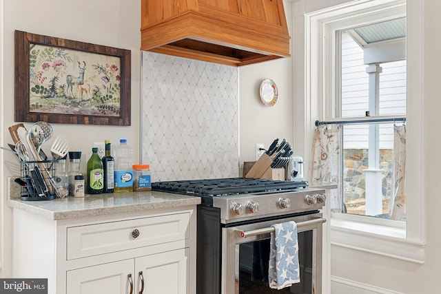 kitchen featuring premium range hood, stainless steel range with gas cooktop, tasteful backsplash, and a wealth of natural light