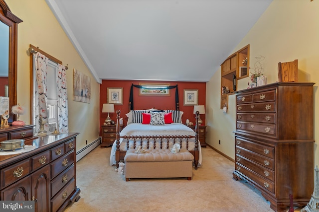 bedroom featuring lofted ceiling, baseboards, light colored carpet, and baseboard heating