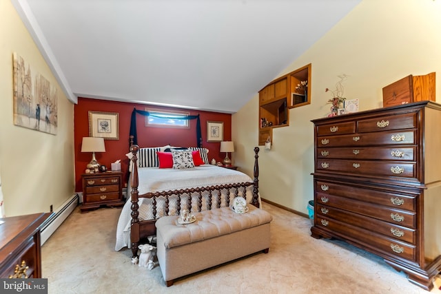 bedroom featuring a baseboard heating unit, light carpet, and baseboards