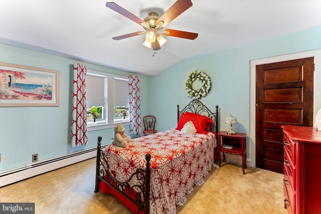 bedroom with light carpet, a baseboard radiator, vaulted ceiling, and a ceiling fan