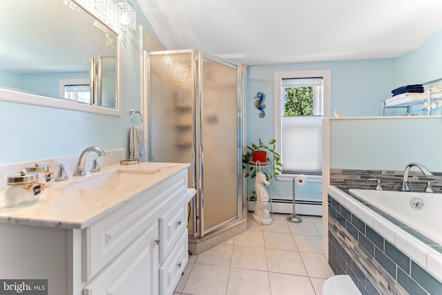 full bath featuring tile patterned flooring, vanity, a shower stall, a baseboard heating unit, and a bath