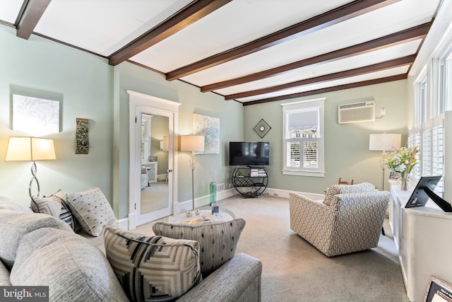 living area featuring light carpet, baseboards, and beam ceiling