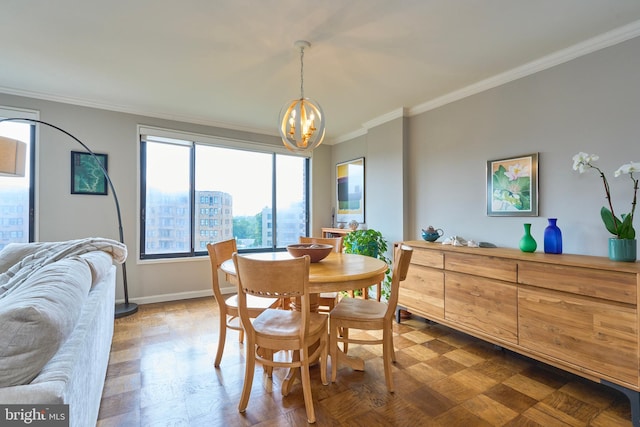 dining area featuring an inviting chandelier, baseboards, dark wood-style floors, and crown molding