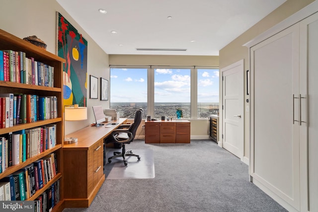 office area with light colored carpet and baseboards