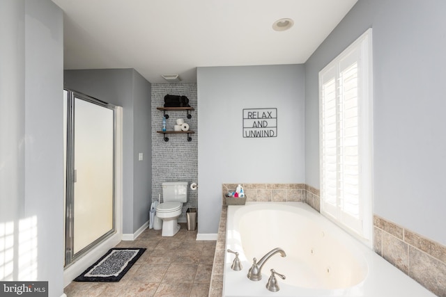 bathroom featuring a jetted tub, a stall shower, visible vents, and toilet