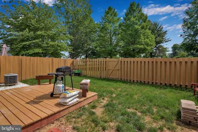 view of yard featuring central AC unit, a fenced backyard, and a wooden deck