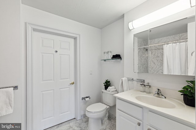 bathroom featuring marble finish floor, curtained shower, toilet, and vanity