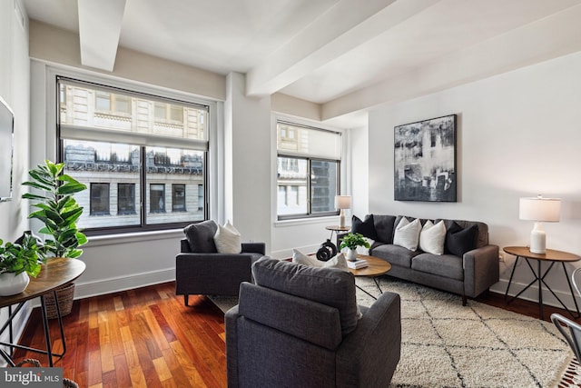 living room featuring baseboards, wood-type flooring, and beam ceiling