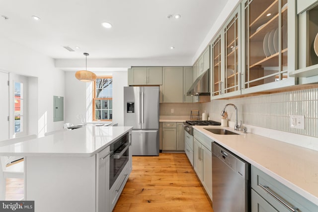 kitchen with a sink, light wood-style floors, appliances with stainless steel finishes, ventilation hood, and decorative backsplash