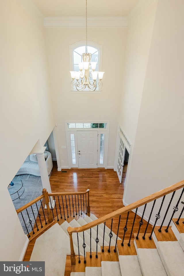 entrance foyer with baseboards, a notable chandelier, ornamental molding, and wood finished floors