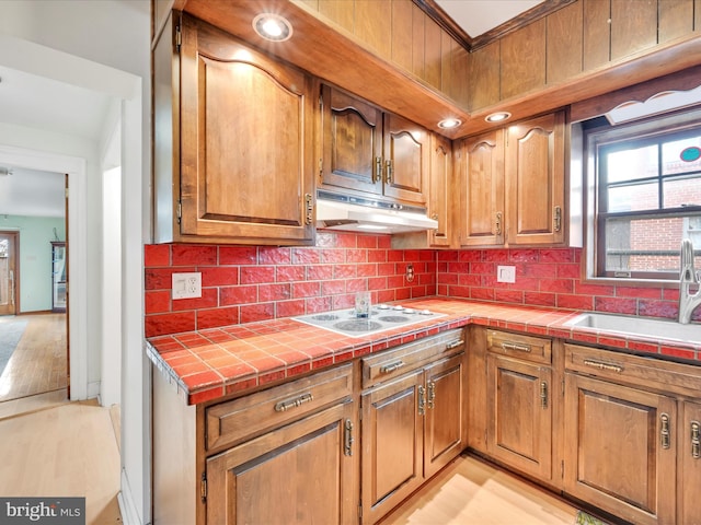 kitchen featuring white electric stovetop, decorative backsplash, a sink, and under cabinet range hood