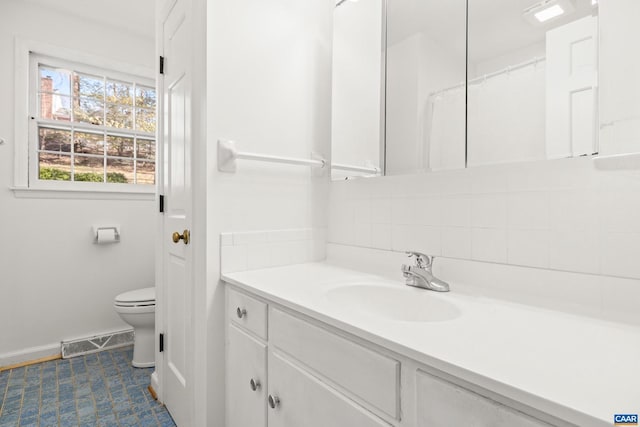 full bath with visible vents, decorative backsplash, toilet, vanity, and tile patterned flooring