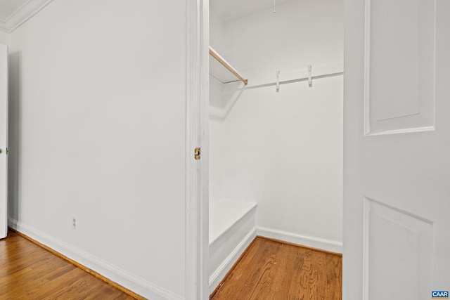 walk in closet with wood finished floors